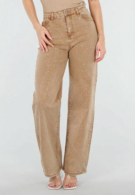 NEW080426 Camel Wide Leg Jeans met Strass