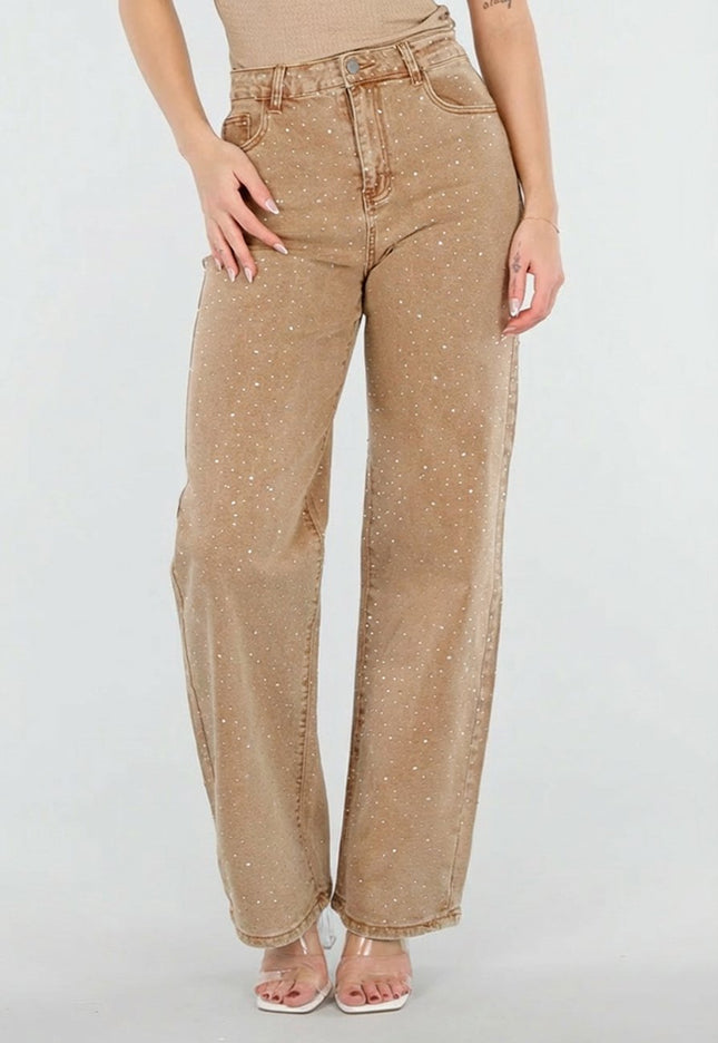 NEW080426 Camel Wide Leg Jeans met Strass