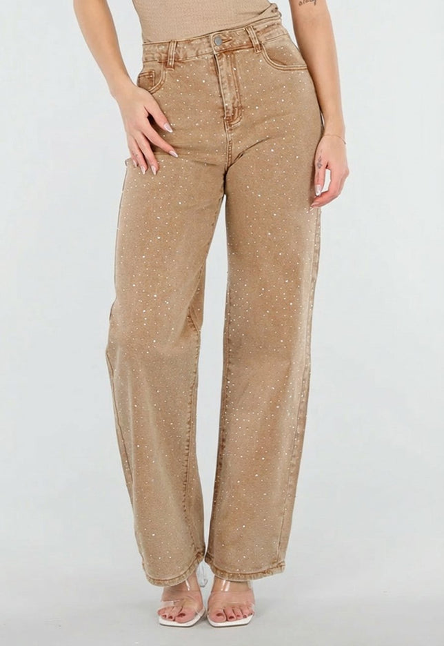 NEW080426 Camel Wide Leg Jeans met Strass