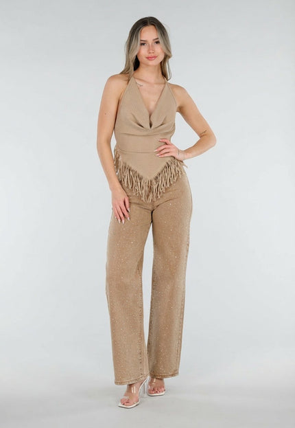 NEW080426 Camel Wide Leg Jeans met Strass