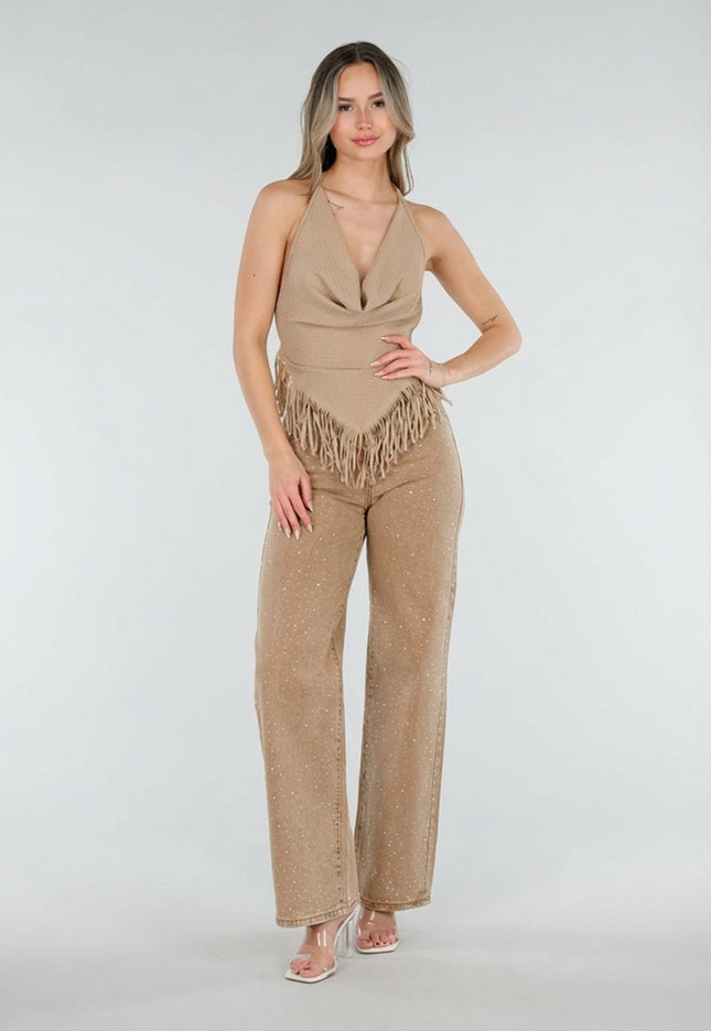 NEW080426 Camel Wide Leg Jeans met Strass