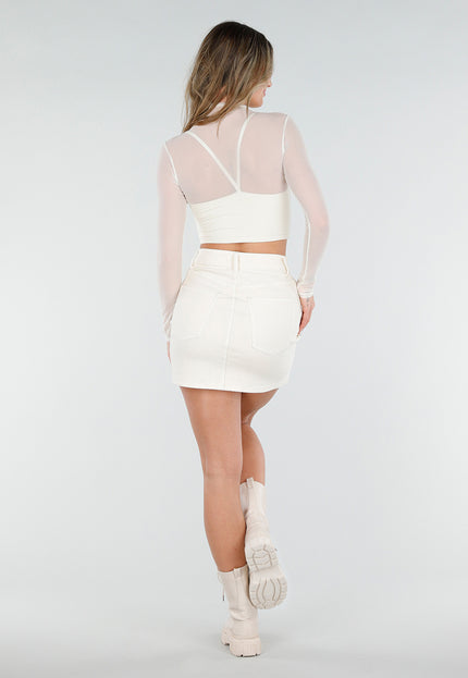 NEW080426 Crème Mesh Top met Lange Mouwen en Cut Out