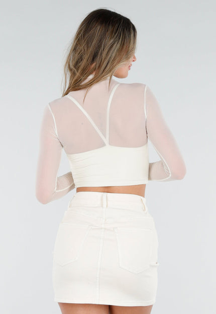 NEW080426 Crème Mesh Top met Lange Mouwen en Cut Out