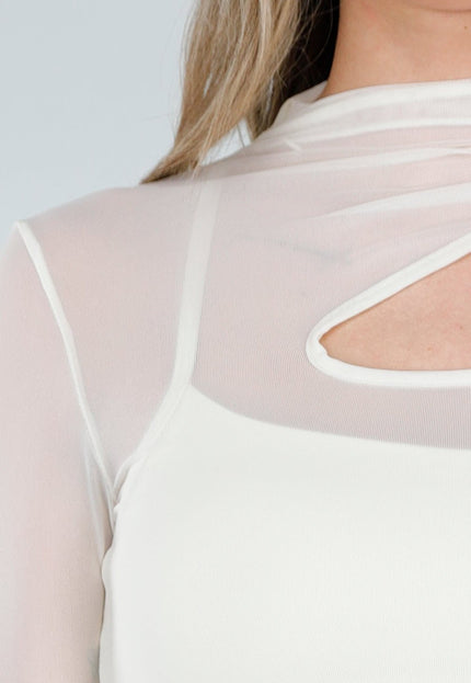 NEW080426 Crème Mesh Top met Lange Mouwen en Cut Out