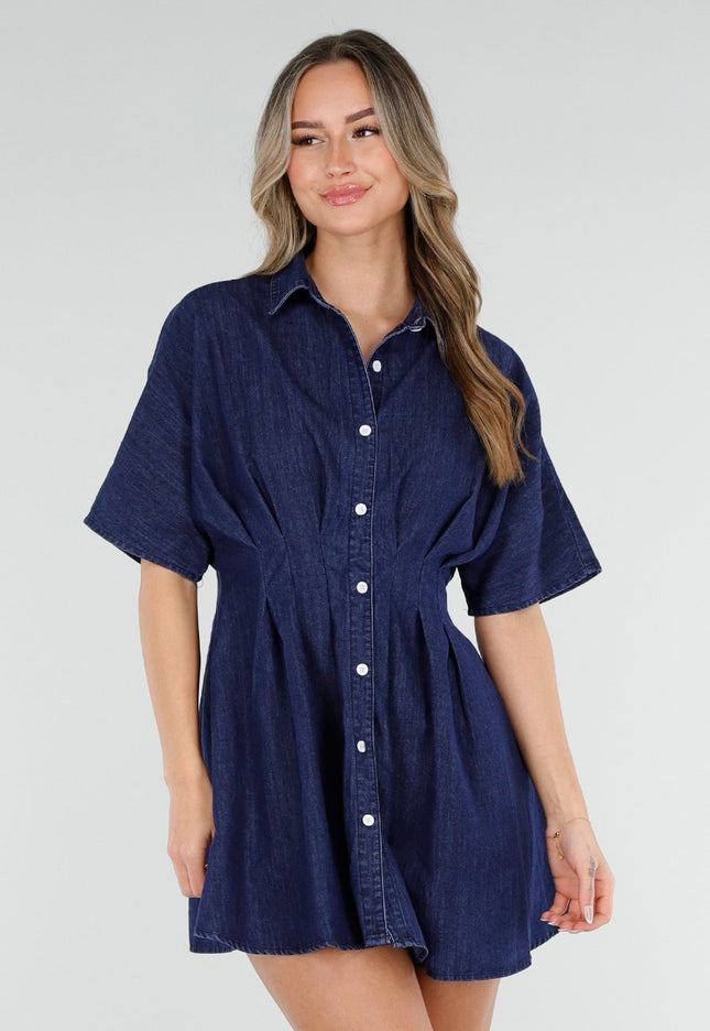 NEW080426 Donkerblauwe Denim Blouse Jurk