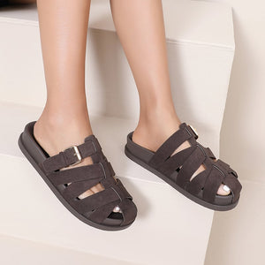 NEW080426 Donkerbruine Suède Sandalen met Gespen