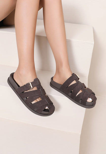 NEW080426 Donkerbruine Suède Sandalen met Gespen