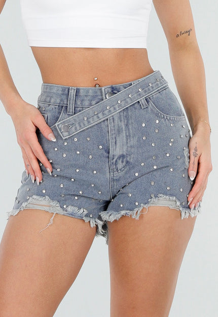 NEW080426 Lichtblauwe Denim Short met Strass en Rafelzoom