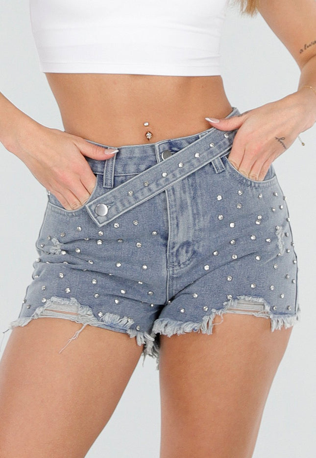 NEW080426 Lichtblauwe Denim Short met Strass en Rafelzoom