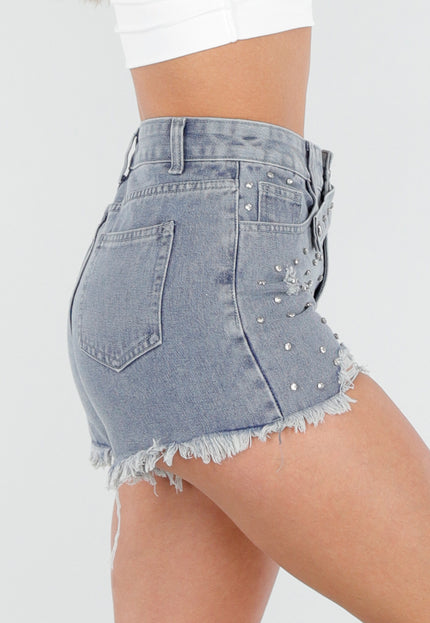 NEW080426 Lichtblauwe Denim Short met Strass en Rafelzoom