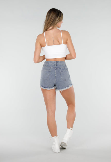 NEW080426 Lichtblauwe Denim Short met Strass en Rafelzoom