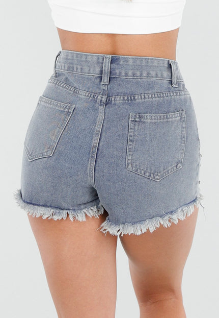 NEW080426 Lichtblauwe Denim Short met Strass en Rafelzoom
