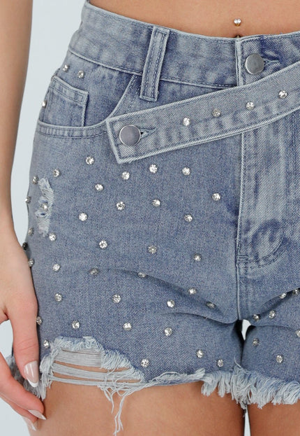 NEW080426 Lichtblauwe Denim Short met Strass en Rafelzoom