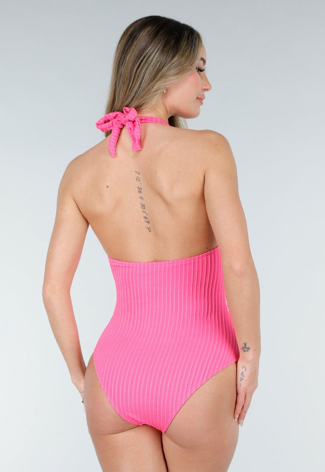 NEW080426 Roze Halter Badpak met Ribstructuur