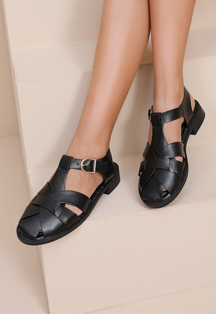 NEW080426 Zwarte Lederlook Sandalen met Gesp