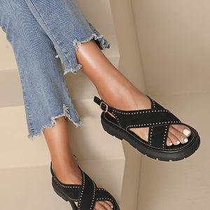 NEW080426 Zwarte Suède Plateau Sandalen met Studs