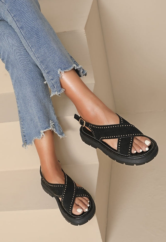 NEW080426 Zwarte Suède Plateau Sandalen met Studs