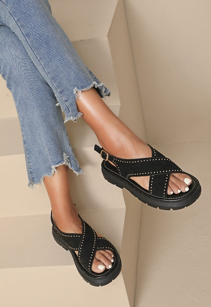 NEW080426 Zwarte Suède Plateau Sandalen met Studs