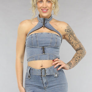 NEW0805 Blauwe Denim Co Ord Set met Riem