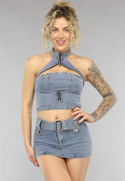 NEW0805 Blauwe Denim Co Ord Set met Riem