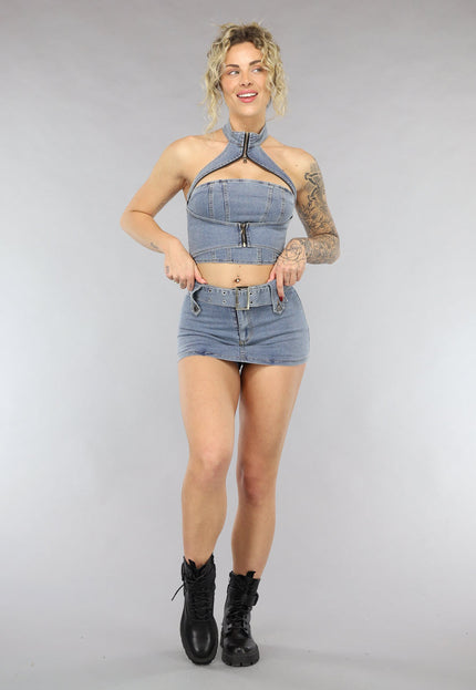 NEW0805 Blauwe Denim Co Ord Set met Riem