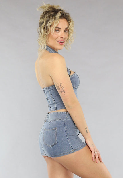 NEW0805 Blauwe Denim Co Ord Set met Riem