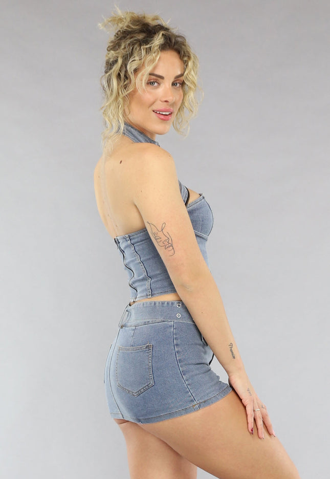 NEW0805 Blauwe Denim Co Ord Set met Riem