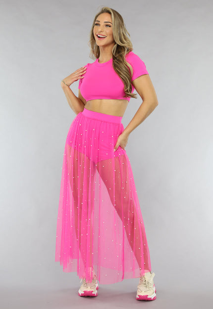 NEW0805 Fuchsia Festival Two Piece met Parels
