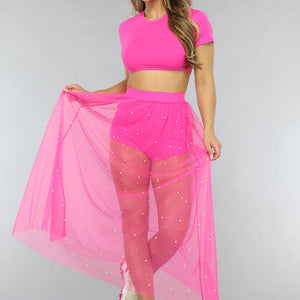 NEW0805 Fuchsia Festival Two Piece met Parels