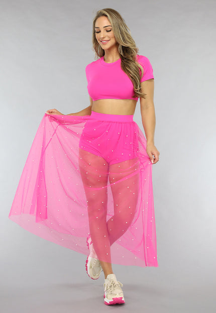 NEW0805 Fuchsia Festival Two Piece met Parels
