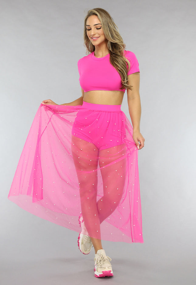 NEW0805 Fuchsia Festival Two Piece met Parels