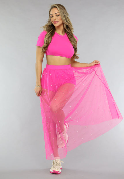 NEW0805 Fuchsia Festival Two Piece met Parels