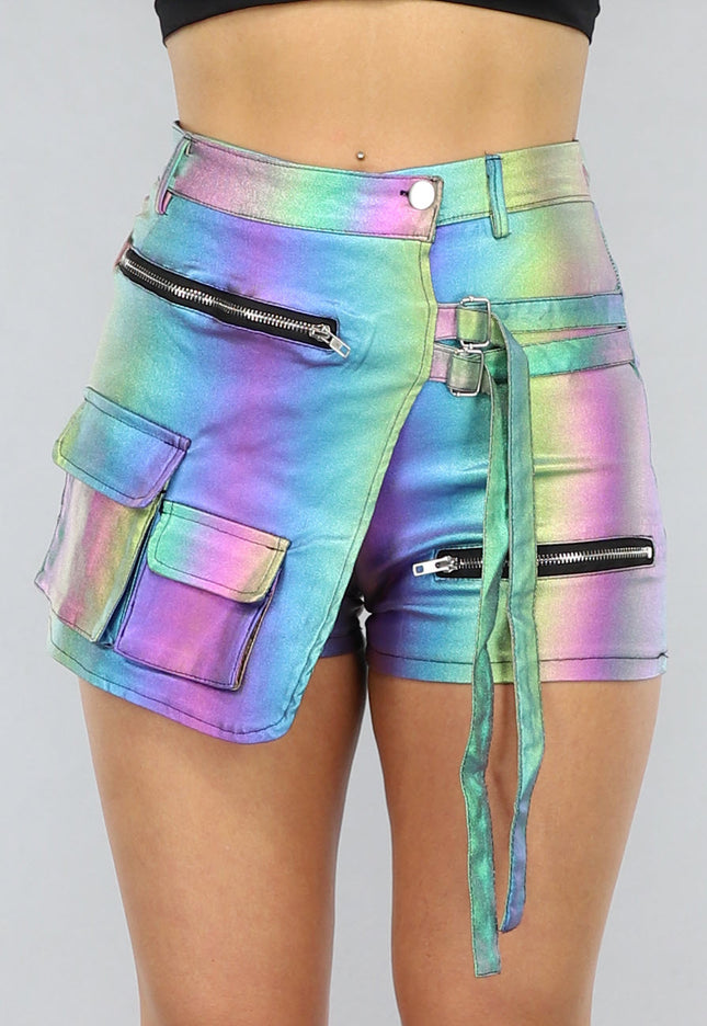 NEW0805 Glimmende Rainbow Overslag Cargo Skort