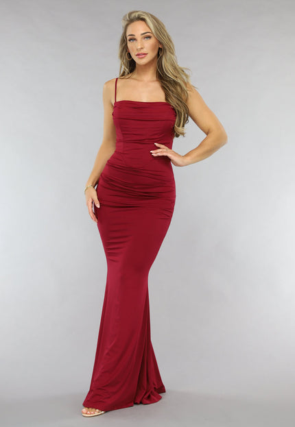 Lange Geplooide Wijnrode Jurk