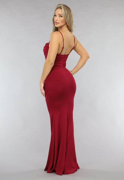 Lange Geplooide Wijnrode Jurk