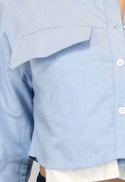 NEW0805 Lichtblauwe Korte Blouse met Uitstekende Zakken