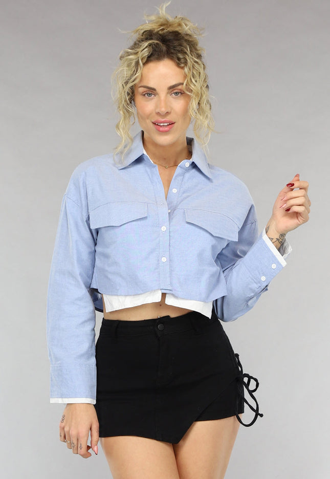 NEW0805 Lichtblauwe Korte Blouse met Uitstekende Zakken