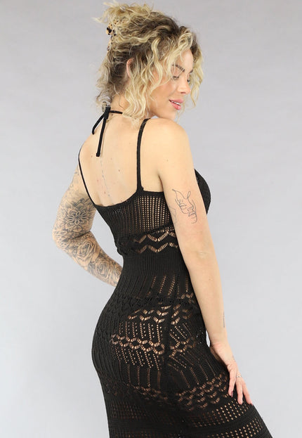 NEW0805 Zwarte Gehaakte Boho Strandjurk