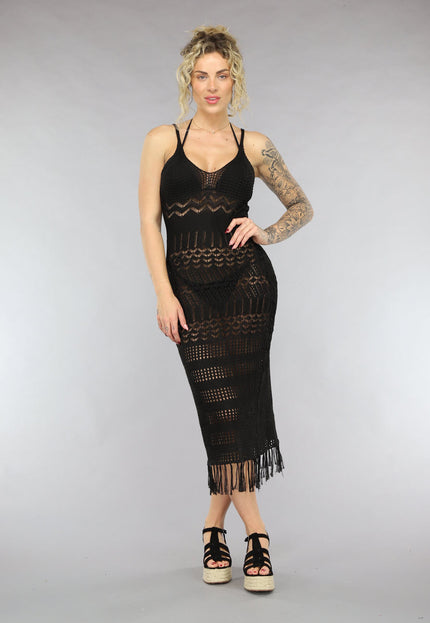 NEW0805 Zwarte Gehaakte Boho Strandjurk