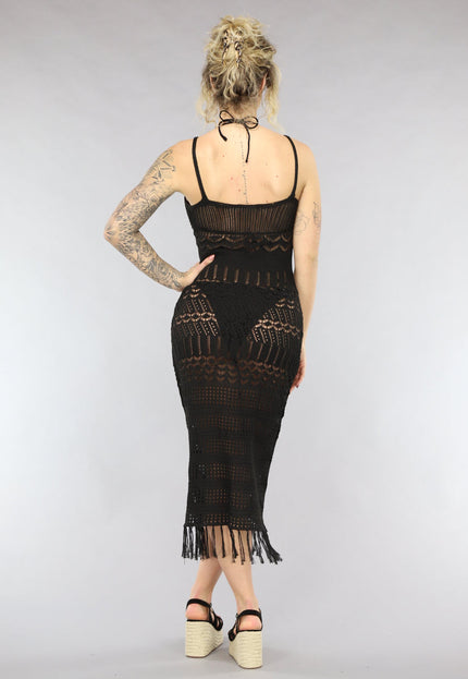 NEW0805 Zwarte Gehaakte Boho Strandjurk