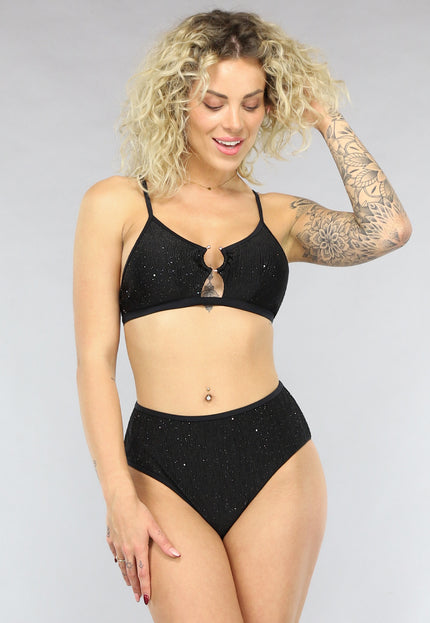 NEW0805 Zwarte Glitter Triangel Bikini Top met Cutout