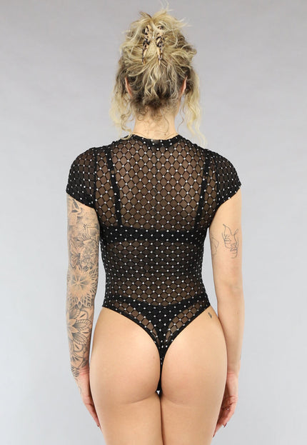 NEW0805 Zwarte See Through Bodysuit met Glitters