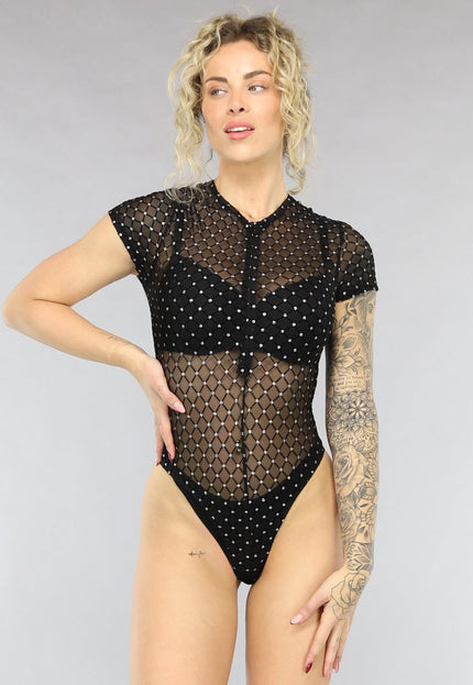 NEW0805 Zwarte See Through Bodysuit met Glitters