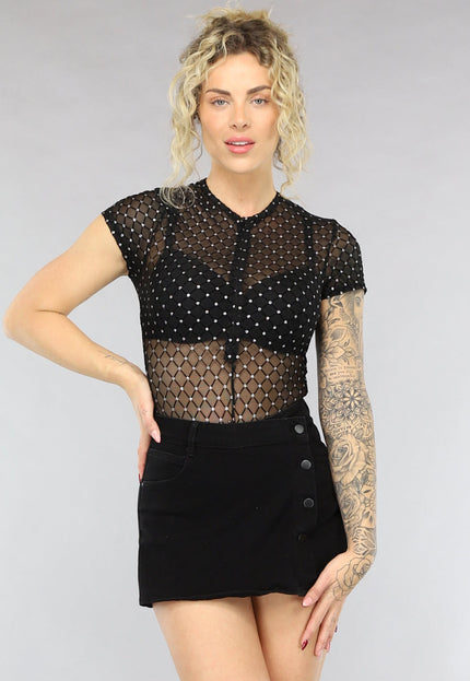 NEW0805 Zwarte See Through Bodysuit met Glitters