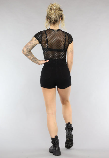 NEW0805 Zwarte See Through Bodysuit met Glitters