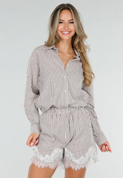 NEW080726 Beige Gestreepte Blouse en Short Set