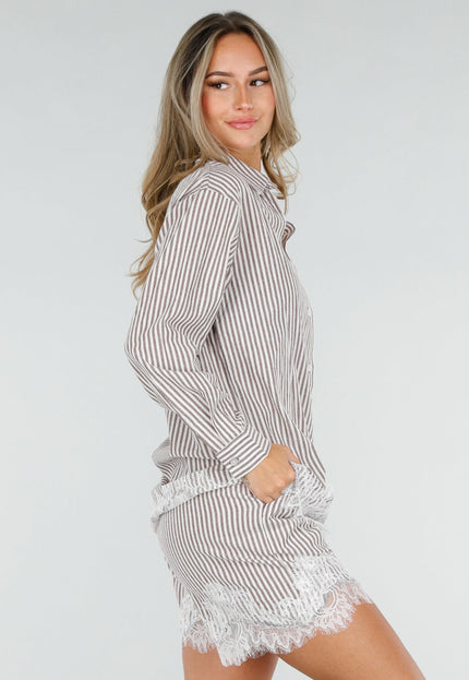 NEW080726 Beige Gestreepte Blouse en Short Set