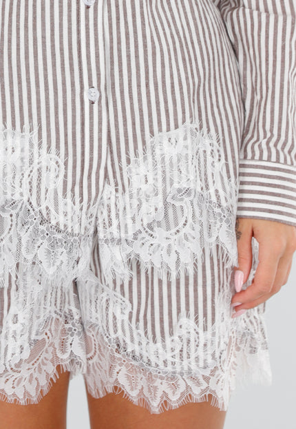 NEW080726 Beige Gestreepte Blouse en Short Set