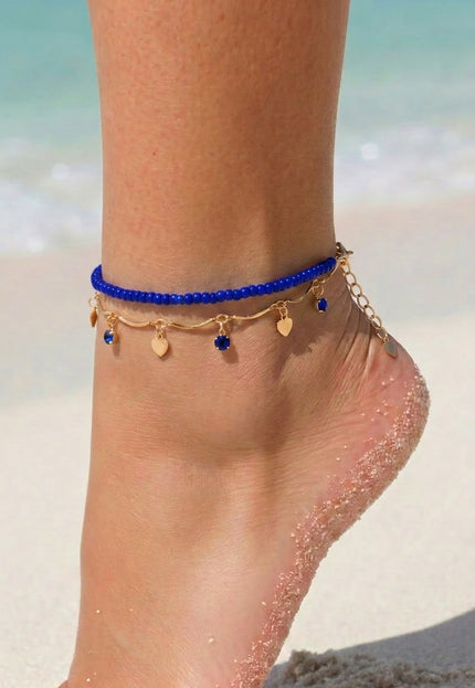 NEW080726 Blauwe Kralen Enkelbandjes Set