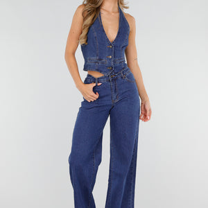 NEW080726 Blauwe Set met Gilet en Wide Leg Jeans